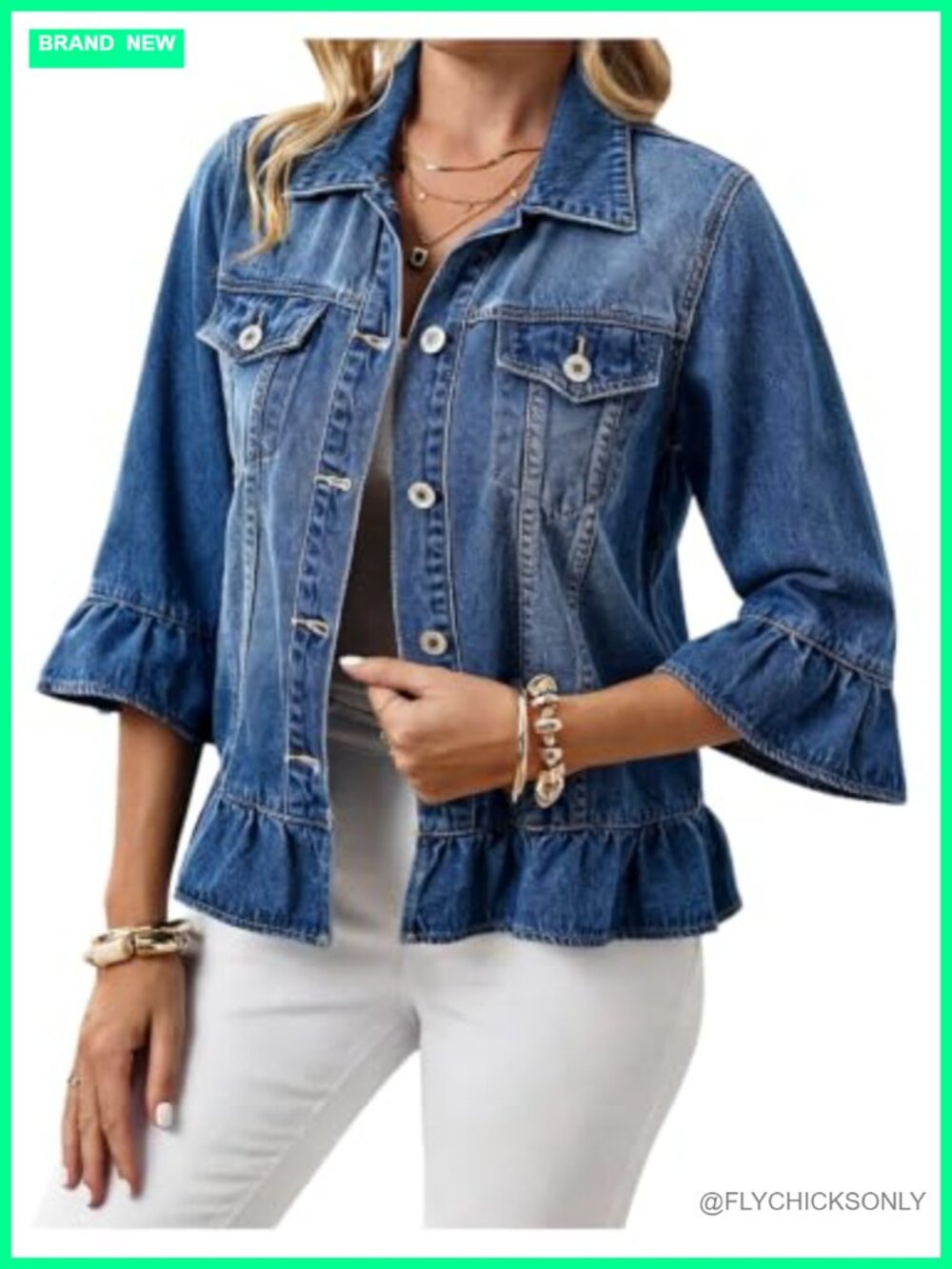 Plus Size Ruffle Denim Jacket 3/4 Sleeve Button Down Jean Jacket - 3XL